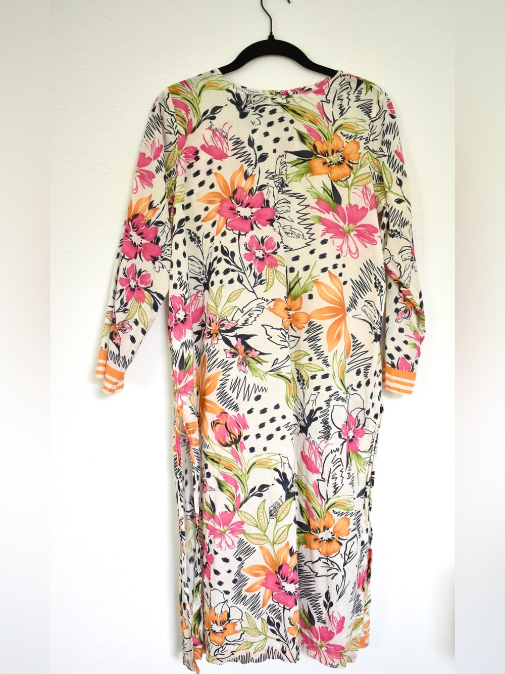 100% Cotton Sapphire Floral Tunic Dress Side Slit Midi Cover-Up Size Medium